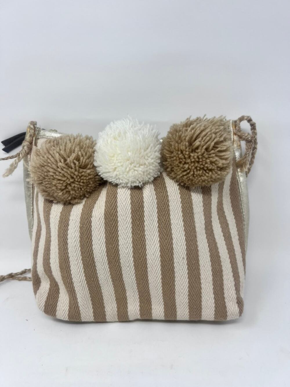JADEtribe Striped Pom Pom Crossbody Bag Tan Cream Boho Woven Purse
